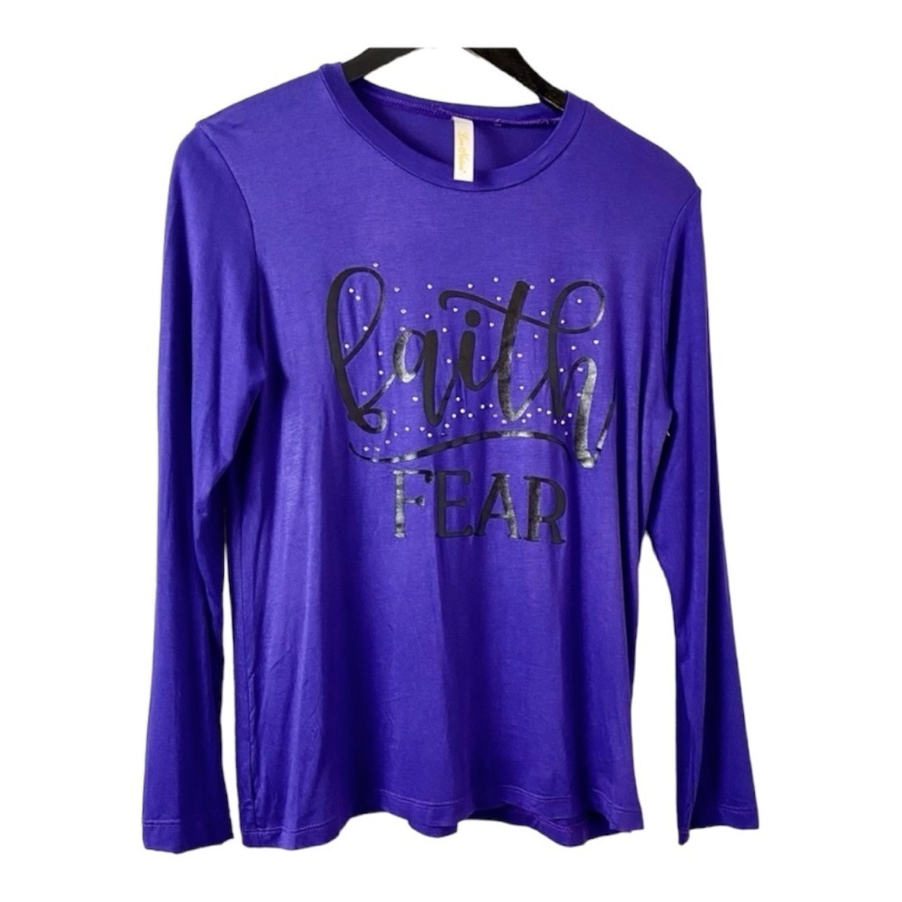 Faith over Fear Shirt with Rhinestones by Love Purple with Black Lettering Sz S